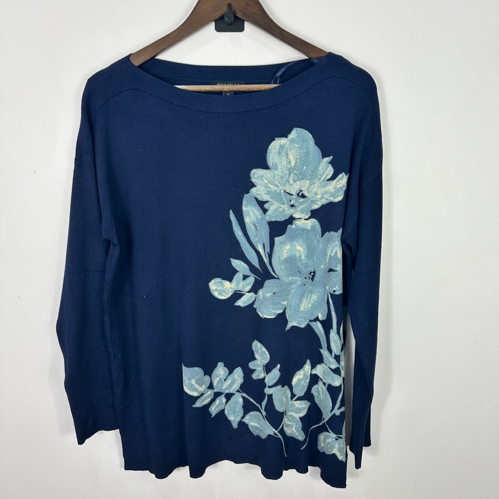 Roz & Ali L Navy Blue Floral Sweater Top Long Sleeve Boho Cottagecore Chic‎